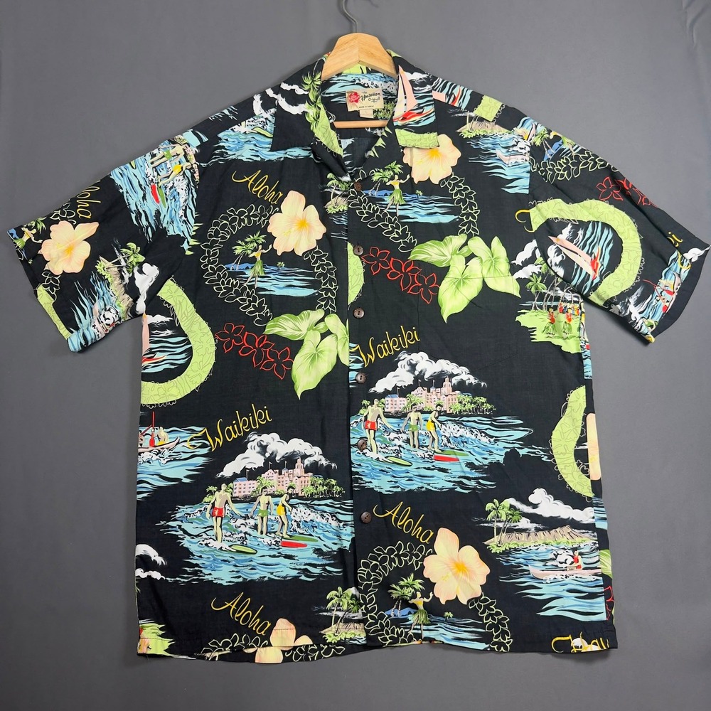 Hap Hula Hawaiian Aloha Shirt Men's Large Black Waikiki Made in Hawaii Rayon
